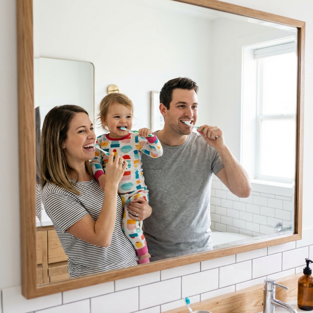 Family brushing teeth together